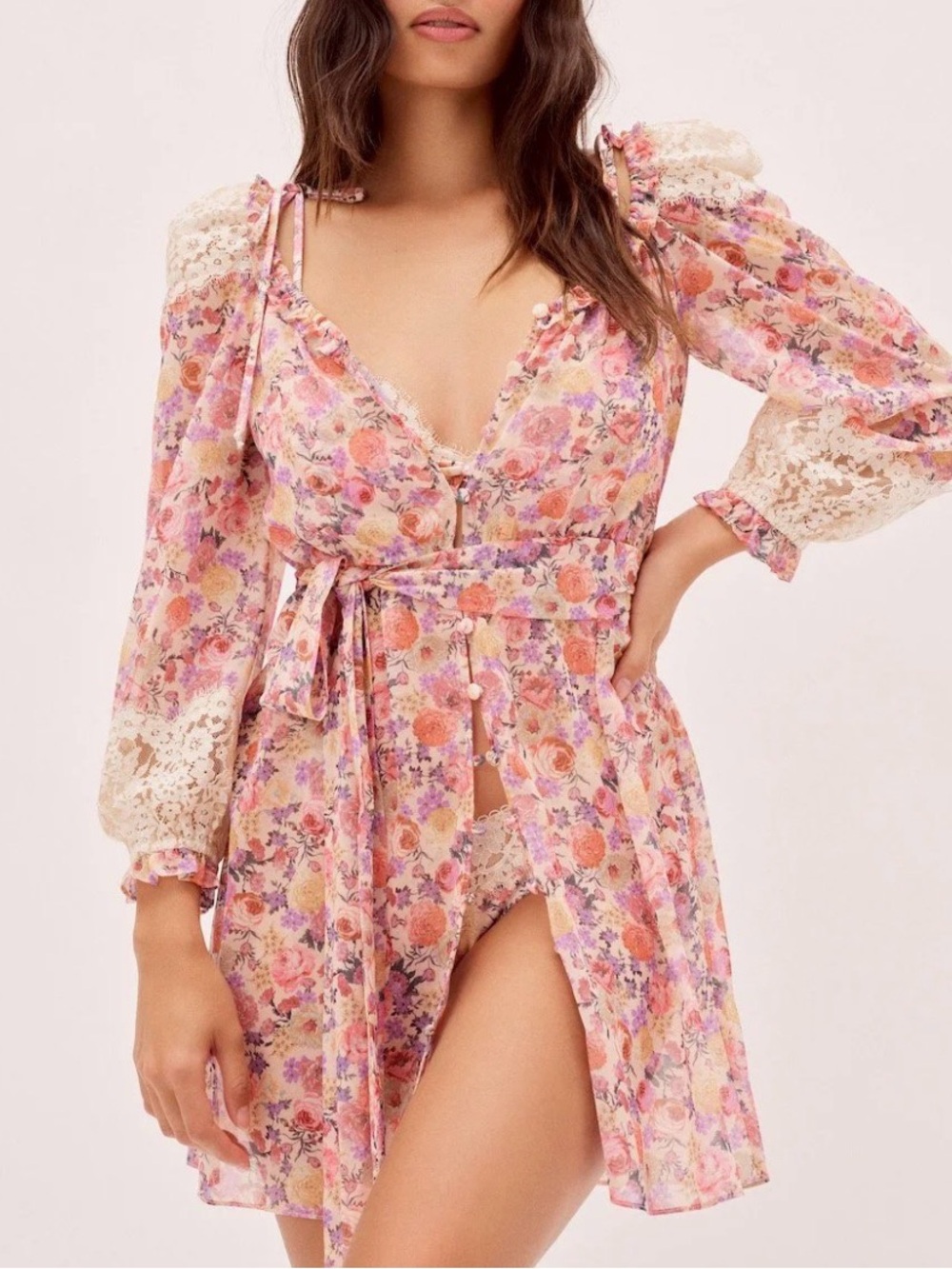 For Love & Lemons Gardenia floral robe S Beach Romance Cottage Coastal
